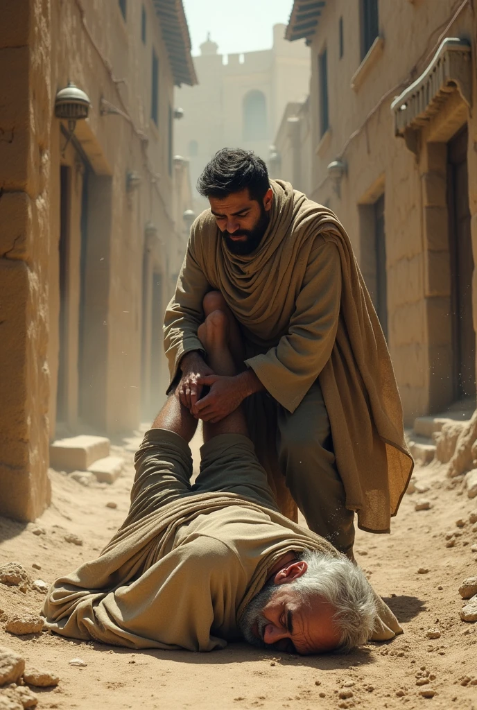 In ancian dusty Arab city, a man grabbed grabbed his father by leg and dragging so remorsefully and father laid down crying.