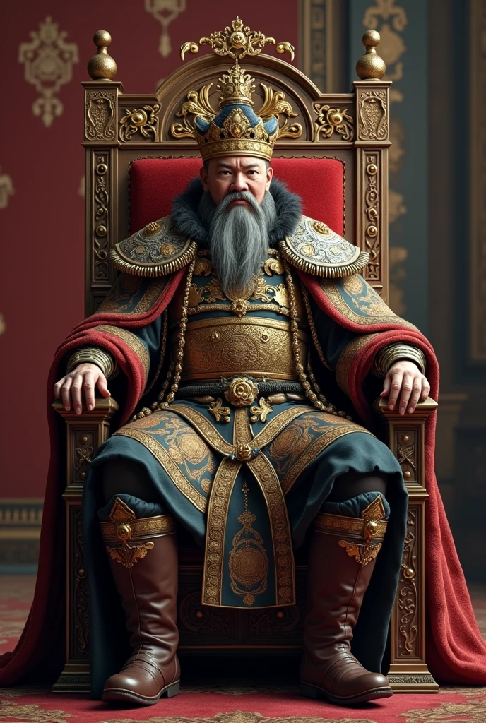 I need a picture of Mongol Emperor Genghis Khan sitting on his throne from Game of Thrones. And with a royal crown.