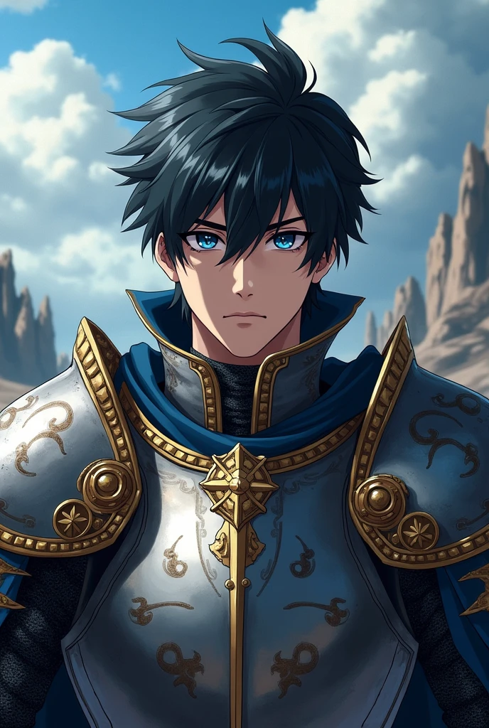 a man of , Bblack hair, dark blue eyes shining, with medieval armor (without a helmet), make the image with realistic anime style.