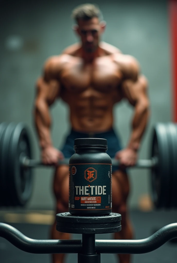 A 300g jar on top of a weightlifting equipment with a strong man in the background, blurred image.