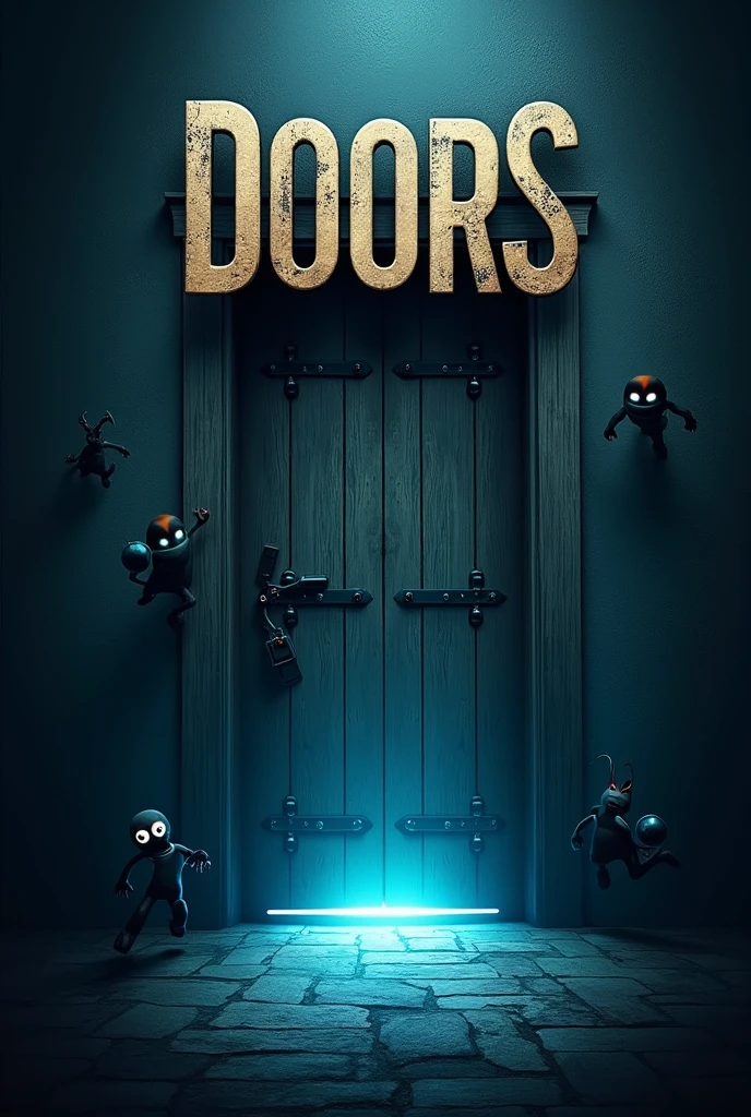 The cover of the book "Doors" is meant to evoke an atmosphere of suspense and mystery, reminiscent of the horror style of Roblox's "DOORS". The background is predominantly dark, almost black, with a touch of blue-gray, creating a gloomy and oppressive atmosphere. In the center, there is an imposing and old door, made of weathered wood with iron details. The door is ajar, letting out an intense blue light that slightly illuminates the floor in front of it, suggesting that something unknown lurks on the other side. Scattered across the cover, in positions almost imperceptible at first glance, are the game's entities. *Screech* lurks in the upper left corner, partially hidden in the darkness, with his large, menacing eyes fixed on the reader. *Figure*, further down, is lurking near the base of the door, in a predatory posture. His hands are extended towards the light, as if he is about to leave. *Eyes* appear in the lower right corner, emitting an ominous glow that contrasts with the darkness around them. *Seek*’s silhouette is slightly distorted, running towards the door, creating a sense of movement and urgency. The title “Doors” is at the top of the cover, in large, worn, metallic typeface, partially covered by shadows. The font has a silvery tone, reflecting the blue light emanating from the door, while small cracks run through the letters, reinforcing the sense of decay and impending danger.