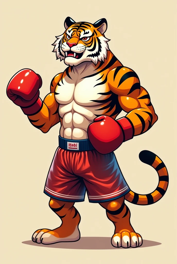Animation style male tiger wearing transparent shiny thai boxing shorts flat colored simple lines no gradient