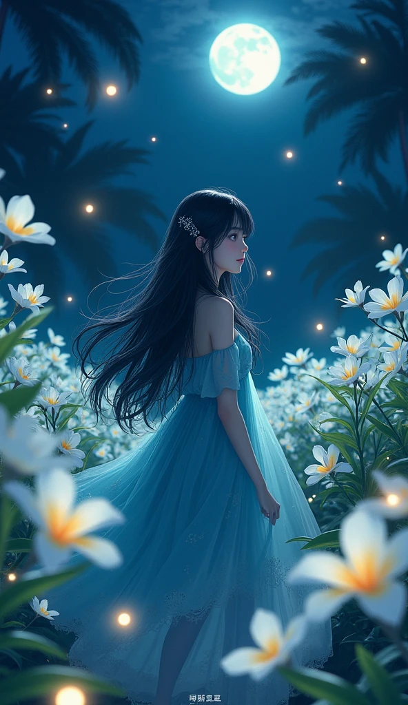 only one girl, long black wavy hair, blue eyes, standing far away while looking behind, wearing a blue green dress with plumeria flowers printed, night time, fireflies, plantation of white plumeria flower, Sparkle, Silhouette, Accurate, Masterpiece, High Resolution,Hair Ornament, POV, manhua