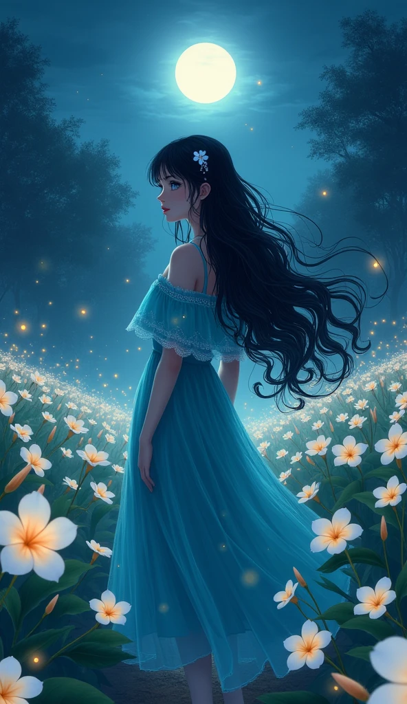 only one girl, long black wavy hair, blue eyes, standing far away while looking behind, wearing a blue green dress with plumeria flowers printed, night time, fireflies, plantation of white plumeria flower, Sparkle, Silhouette, Accurate, Masterpiece, High Resolution,Hair Ornament, POV, manhua