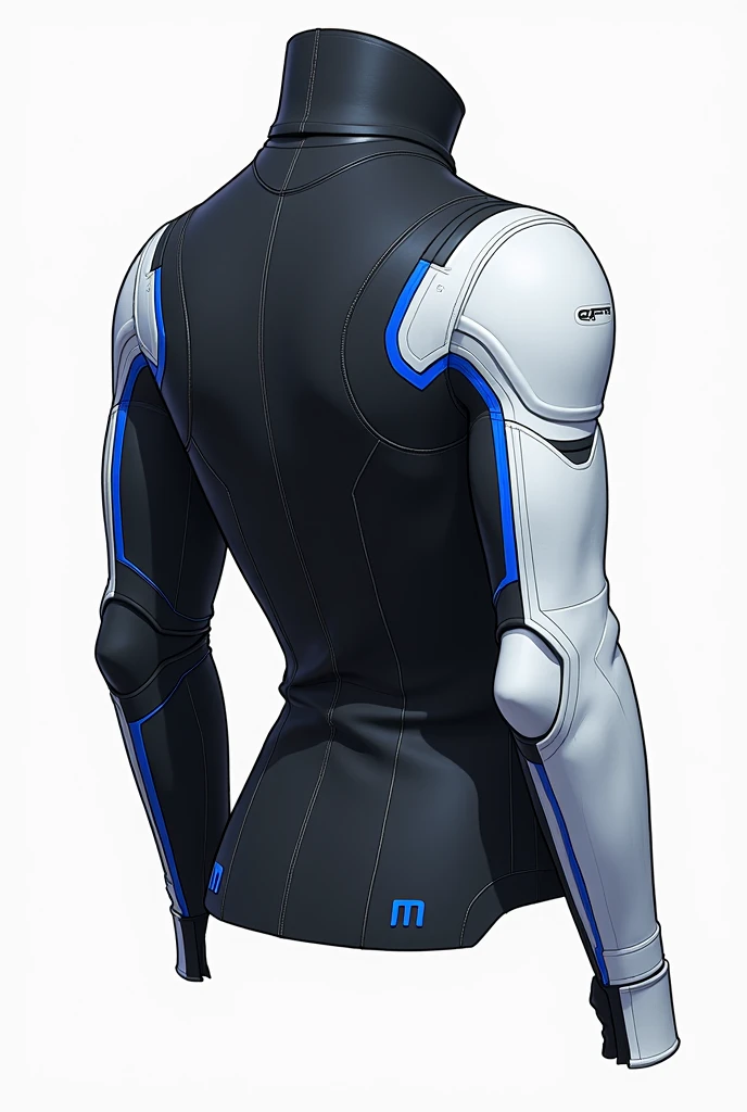 Create a flat, design-focused illustration of a futuristic jacket. The jacket should feature a high, structured collar, with a predominantly black color palette, blue accents, and white details. The right sleeve should be fully white with blue lines, and the letter 'M' should be visible on the shoulder. Present the jacket from various angles, focusing on geometric shapes and clean lines. The design should resemble a technical drawing or schematic, emphasizing precision and avoiding realistic rendering styles