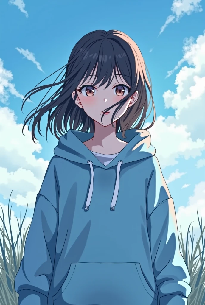 A girl wearing a blue hoodie with a beautiful sky