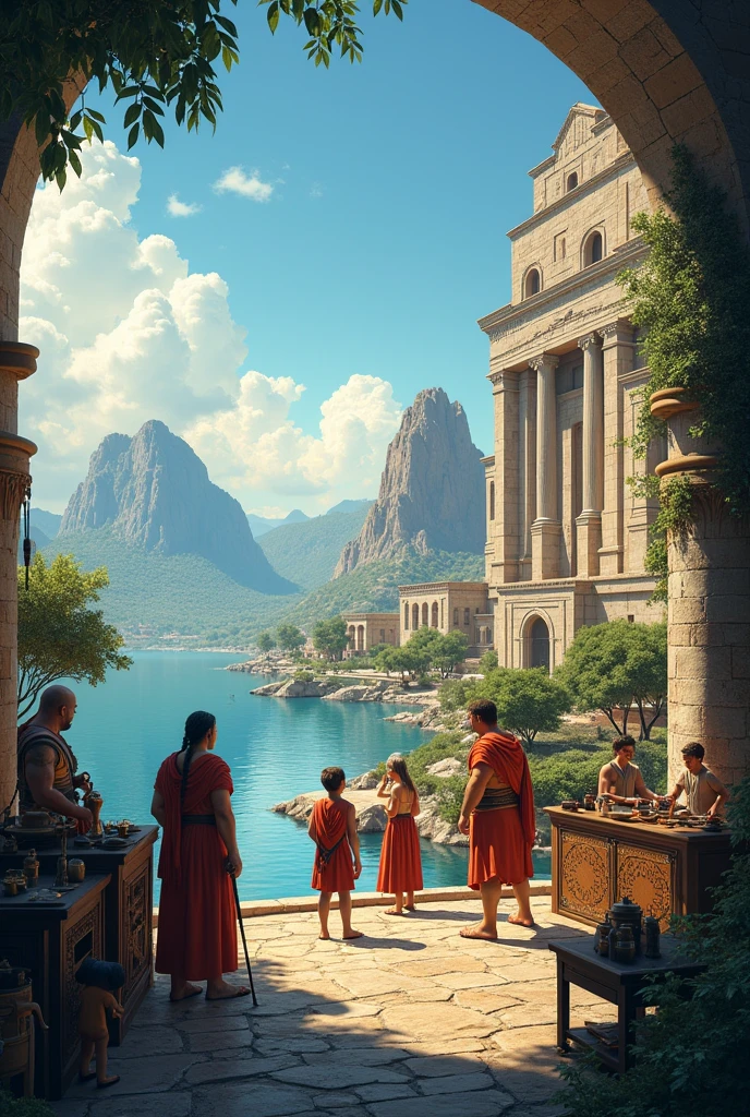 The island of Crete is full of life, with a calm sea reflecting the blue sky and mountains standing as silent guardians. Inside King Minos's palace, soldiers and blacksmiths work tirelessly, and Daedalus is busy in his workshop, his eyes shining with creativity. His young son, Icarus, gazes at the sky with excitement, dreaming of flying away from the earth's constraints.