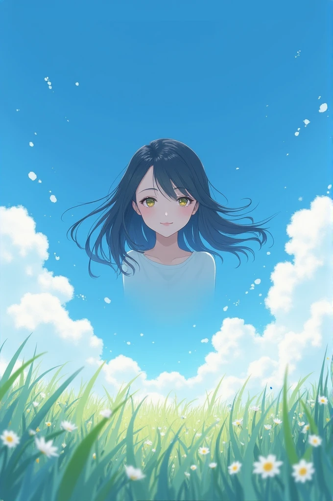 blue sky, with white clouds, and a beautiful girl