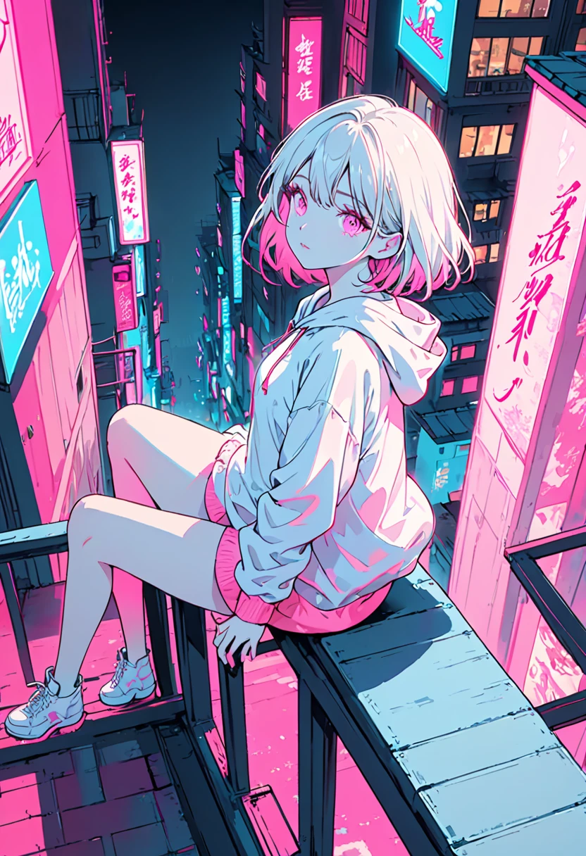 masterpiece,Highest quality,1 Synthwave style girl,Pink Outline,Neon lit street,Pink fluorescent paint,alone,From above,Cowboy Shot,Sitting on the roof of a building,Highly detailed CG,Flat Color,Limited edition palette,No Line Art,silhouette,Partially colored,Alternative color,Dynamic Angle,Pink long top champagne,Pink Shadow,Synthwave,chromatic aberration,(alone focus),Perfect Shadow,Wearing a white hoodie,Delicate face,,Beautiful and delicate eyes,White Hair,Short Bob Hair,Delicate background,dark pink neon lights,Around ,About 150 tall