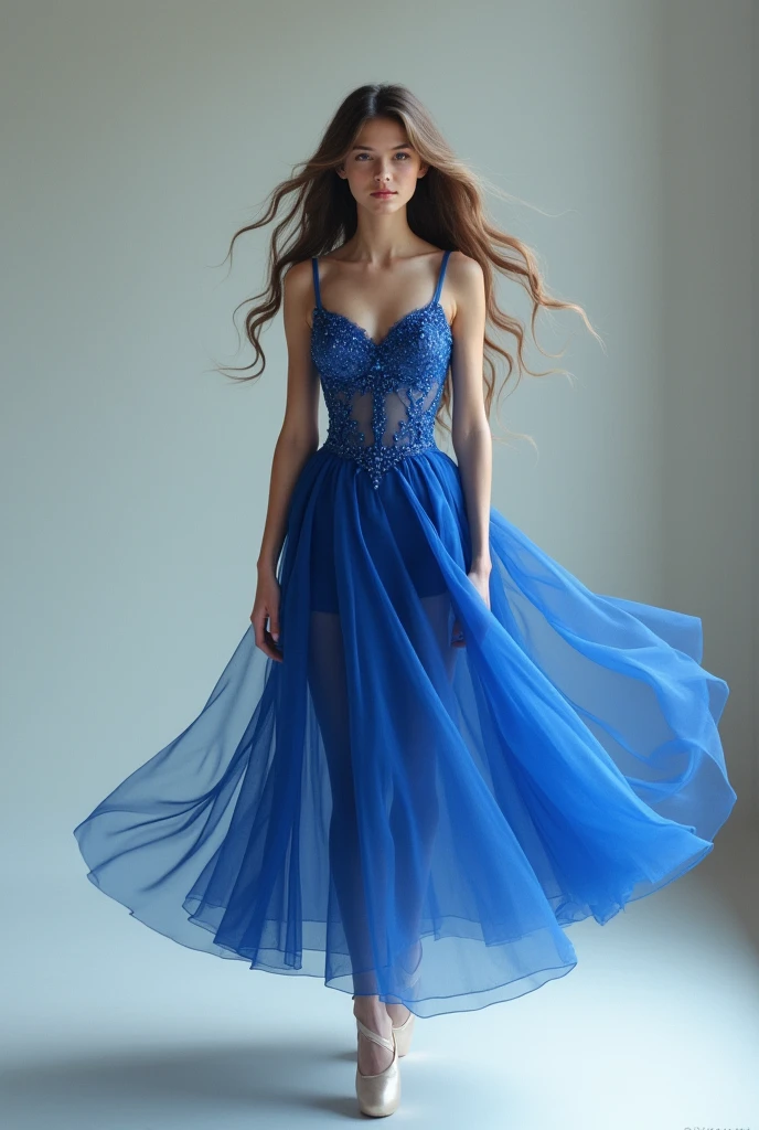 Girl with wavy hair wearing a royal blue ballet dress
