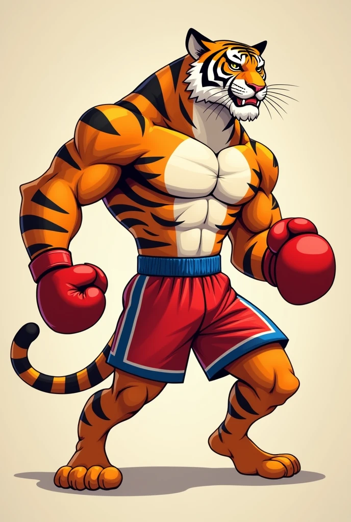 Animation style male tiger wearing transparent shiny thai boxing shorts flat colored simple lines no gradient