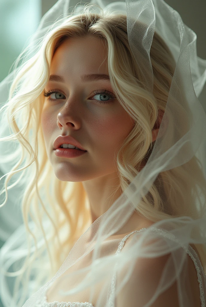 a blonde woman in lush transparent dental floss