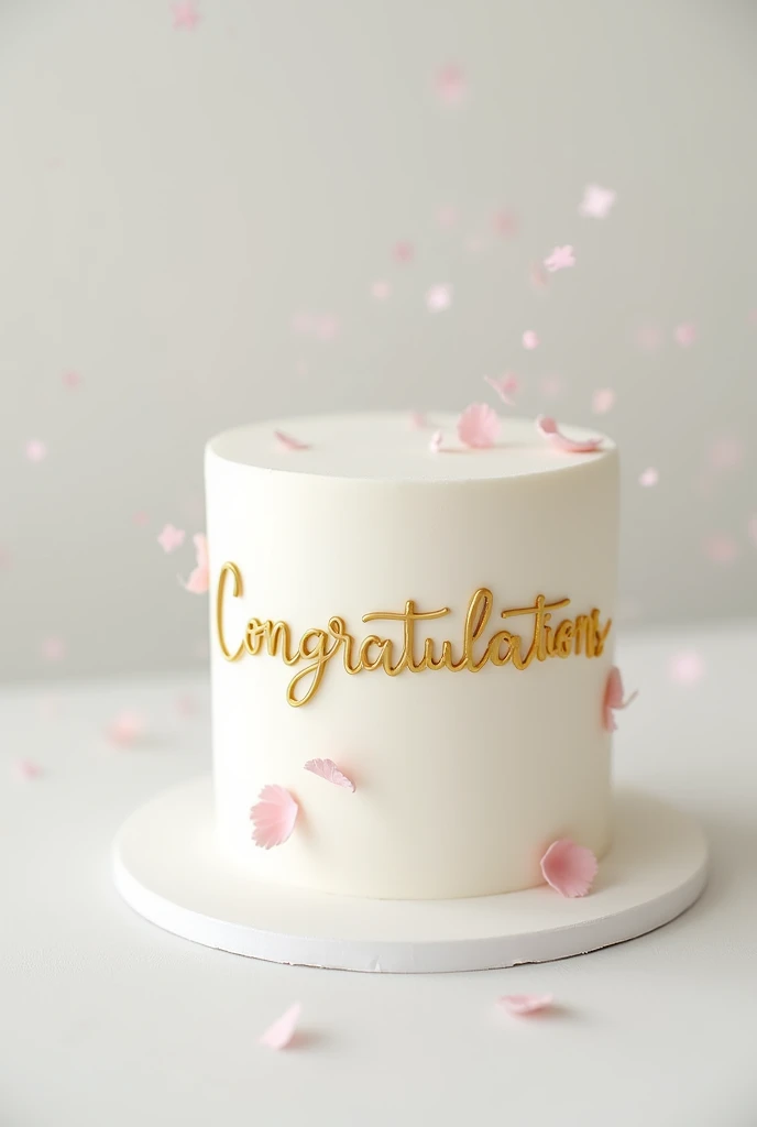 Simple white cake with golden congratulations on the side and pink detail with gold as a brush