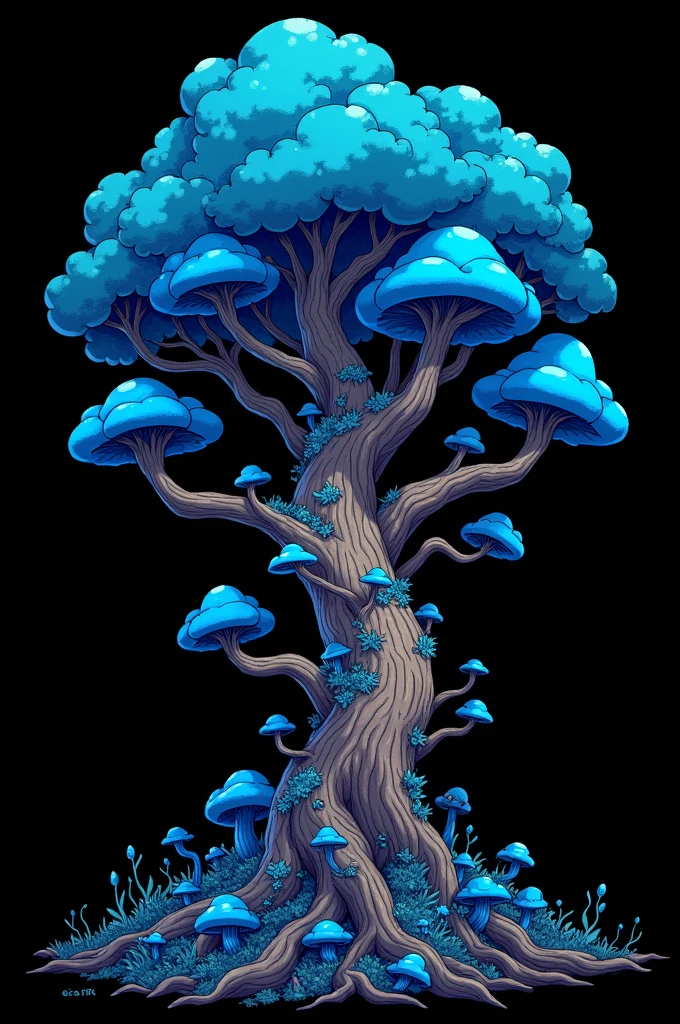 A tree with lots of blue fungi and an all black background, style cartoon