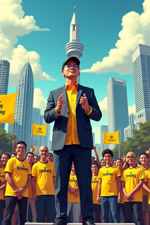 Illustration of the Jakarta Governor's political campaign showing a dynamic and modern city backdrop. The scene shows a charismatic and confident male candidate wearing a yellow and black cap, wearing a professional suit, standing on a stage and speaking in front of various supporters wearing a yellow t-shirt with the black text "TENABANG" written on it. The crowd consists of people of various ages and ethnicities, holding yellow banners and flags that read "SABAS TENABANG". Clearly visible, the candidate's expression shows determination and hope, against the backdrop of Jakarta's iconic landmarks such as the National Monument (Monas) and skyscrapers. The overall atmosphere is energetic and inspiring, symbolizing progress and unity."