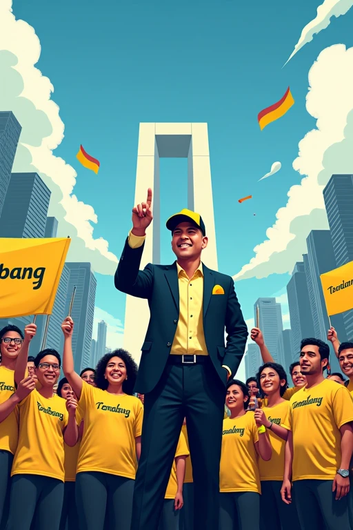 Illustration of the Jakarta Governor's political campaign showing a dynamic and modern city backdrop. The scene shows a charismatic and confident male candidate wearing a yellow and black cap, wearing a professional suit, standing on a stage and speaking in front of various supporters wearing a yellow t-shirt with the black text "TENABANG" written on it. The crowd consists of people of various ages and ethnicities, holding yellow banners and flags that read "SABAS TENABANG". Clearly visible, the candidate's expression shows determination and hope, against the backdrop of Jakarta's iconic landmarks such as the National Monument (Monas) and skyscrapers. The overall atmosphere is energetic and inspiring, symbolizing progress and unity."