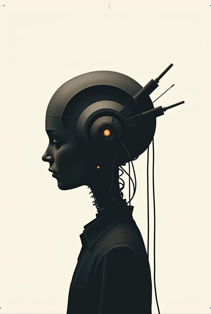 "A minimalist profile illustration of a mechanical head, inspired by The Wizard of Oz, in the style of Olly Moss. The head is depicted in a clean, bold silhouette with simple, geometric shapes. Visible cables and wires extend from the back of the head, creating a sense of suspension and support. The design is sleek, with limited detail, and uses a restrained color palette, focusing on metallic tones with stark contrasts of black and white. The image utilizes negative space effectively, creating a striking, modern, and slightly eerie atmosphere.