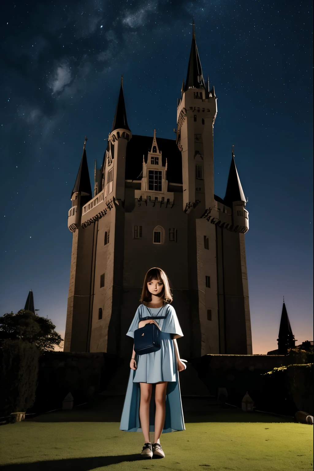 night sky, castle,  1girl, standing, solo, full body, , maribe, puffy short sleeves,  cape, bag