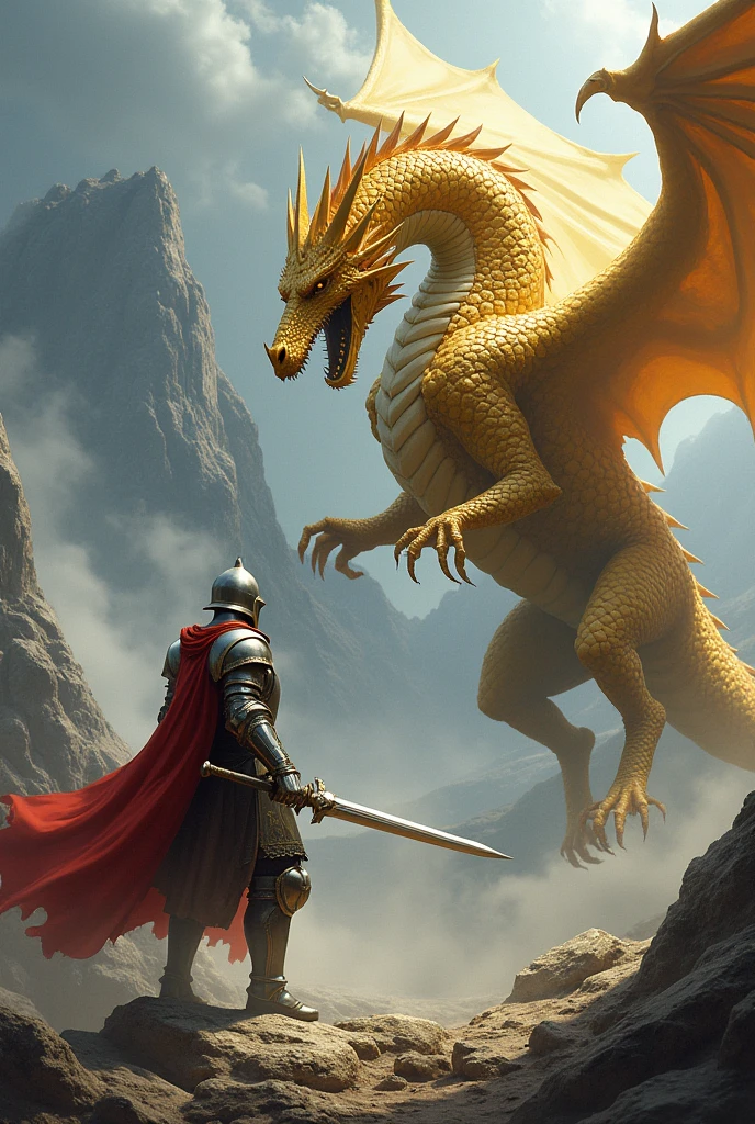 A medieval character fighting a golden dragon

