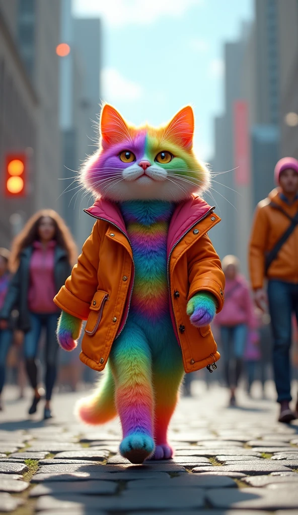 A rainbow cat is walking in the street happily and people are standing all around her admiring her colour Modern human attire 3d renderings