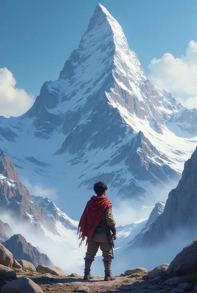 The boy faces the mountain