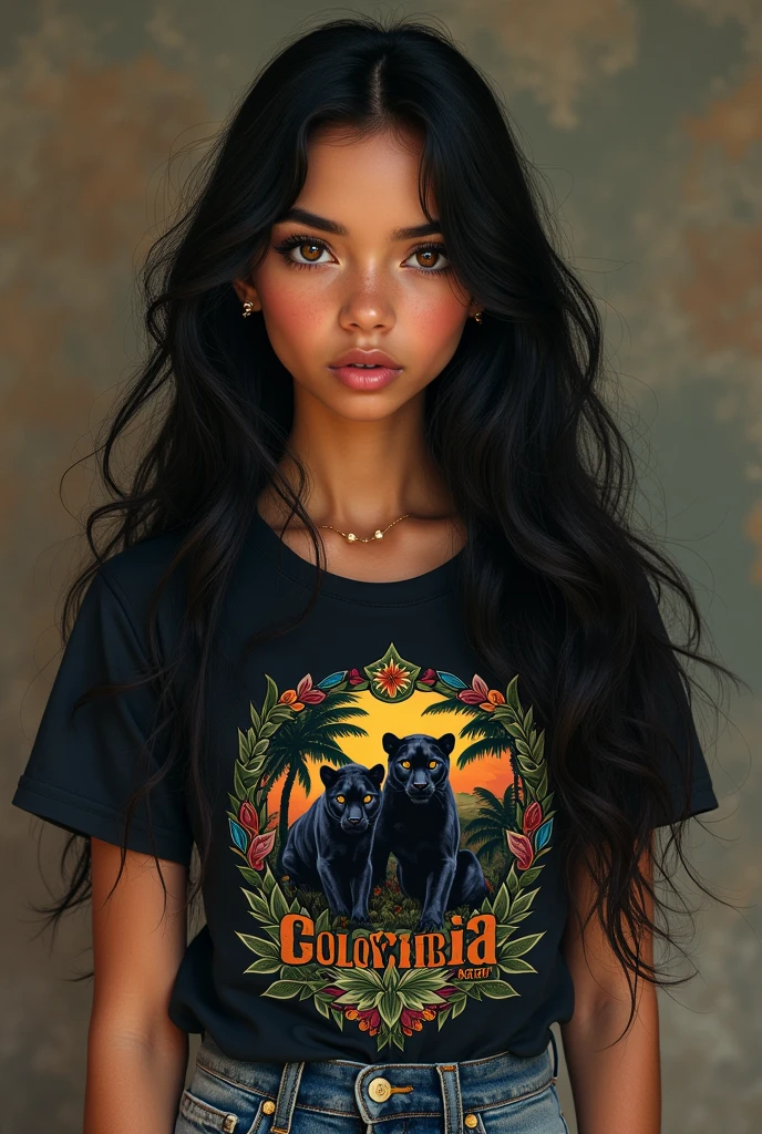 A girl with long black hair and honey-colored eyes wearing a Colombian t-shirt with black panthers wearing Colombian t-shirts