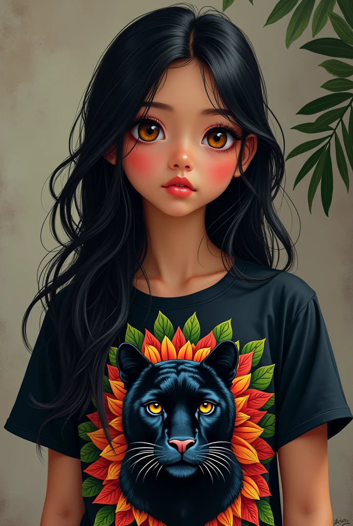 A girl with long black hair and honey-colored eyes wearing a Colombian t-shirt with black panthers wearing Colombian t-shirts