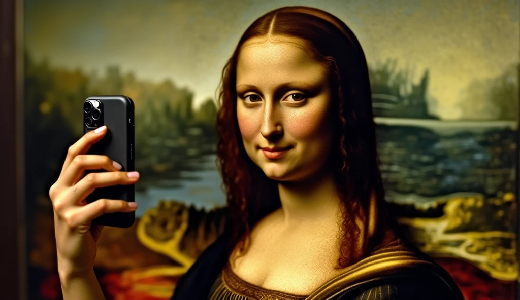 what the real-life mona lisa would look like taking a selfie with an iphone-15 500 years ago