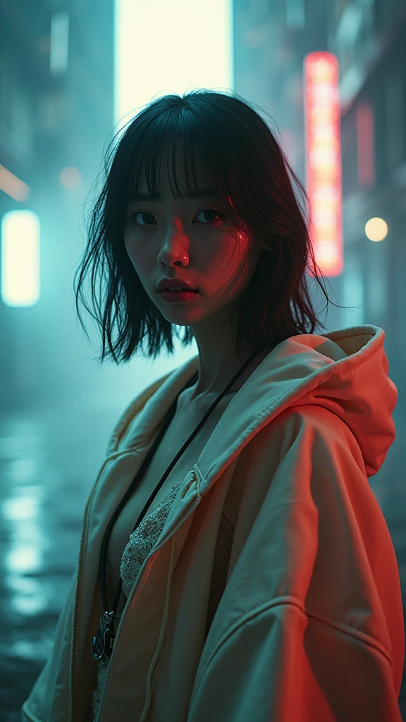 Masterpiece, 4K wallpaper, Masterpiece sci-fi ancient city, fantasy sci-fi, neon glow lights city, ( Subject ( 1girl, A cute japanese women with beautiful hair, wearing an youth stylist oversized hoodie fashion, yellow, black and white stylist fashion, jumper hoodie and short solid cotton trousers, the hoodie stylist masterpiece.))
( Pose (Relaxed, with dance pose, masterpiece. Medium breast.))
( Setting (ultra realistic, sci-fi theme, A mystic environment, ancient city of the past with neon glow lights and a glow light portal.))
( Face ( absolute detail of face masterpiece, detail skin pores masterpiece, oil skinny, beautiful japanese girl, detail of face.))
( Perfect human body, perfect human fingers)
( Lighting (Dramatic side lighting with a warm and cool light masterpiece, absolute face and body lighting teqnique, sunlit glow and light rays, masterpiece object lighting and detail.))
(detail of absolute futuristic fashion a masterpiece), rahnday style photography, the sense of photography), sea art infinity.)
( Style (Hyper-realistic, cinematic, with a focus on detail and texture, octan render 4K quality masterpiece.))
( Technical Specifications (Shot from a medium long shot, below-up perspective, with a Fujifilm XT-4 with Fujinon 50mm lens at f/1.2.))
(((Additional Notes)
( Focus on Key Elements (Emphasize the woman, her clothing, and the dramatic city backdrop.))
( Visual Effects (Include cinematic grains, falling glow particles, and a blurred background with white fog.))