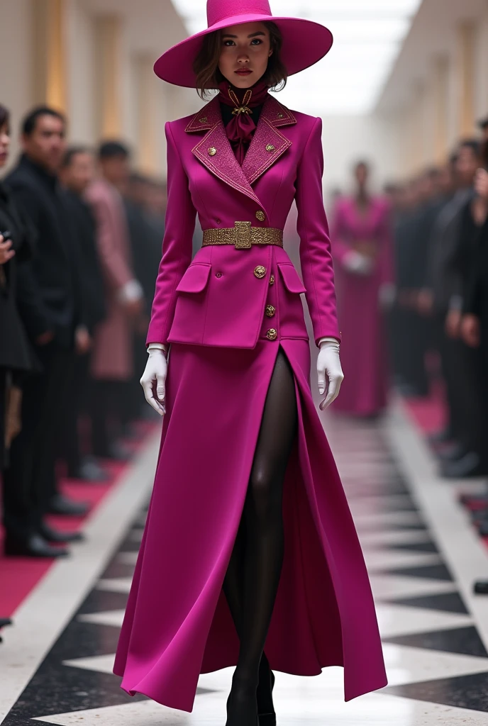 Long sleeve blazer and skirt with slit on the left leg in magenta and white with gold details, white gloves, black tights and black heels with hat and scarf