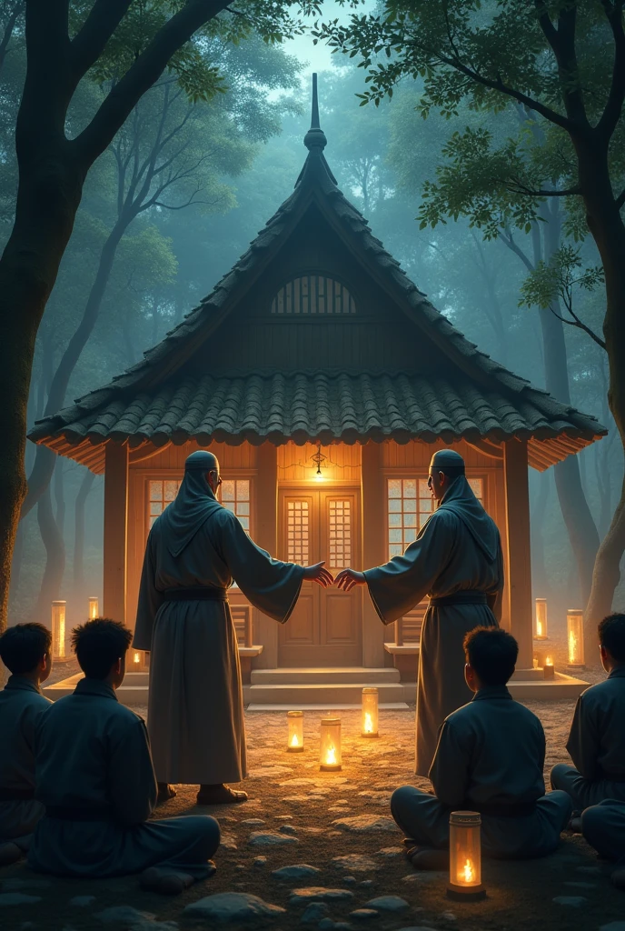 picture of Ustadz Adi Hidayat and Ustadz Shomad teaching ninjutsu to 10 students in an Islamic boarding school in the middle of a dense forest and around the hut there are lanterns placed and lighting up the area around the hut and forest and the 10 students sitting and looking at the Ustadz Shomad and Ustadz Adi Hidayat demonstrate ninjutsu movements