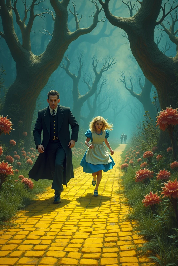 Alice from Wonderland is very scared and running away from Minister Xandao of the STF through a yellow brick road.