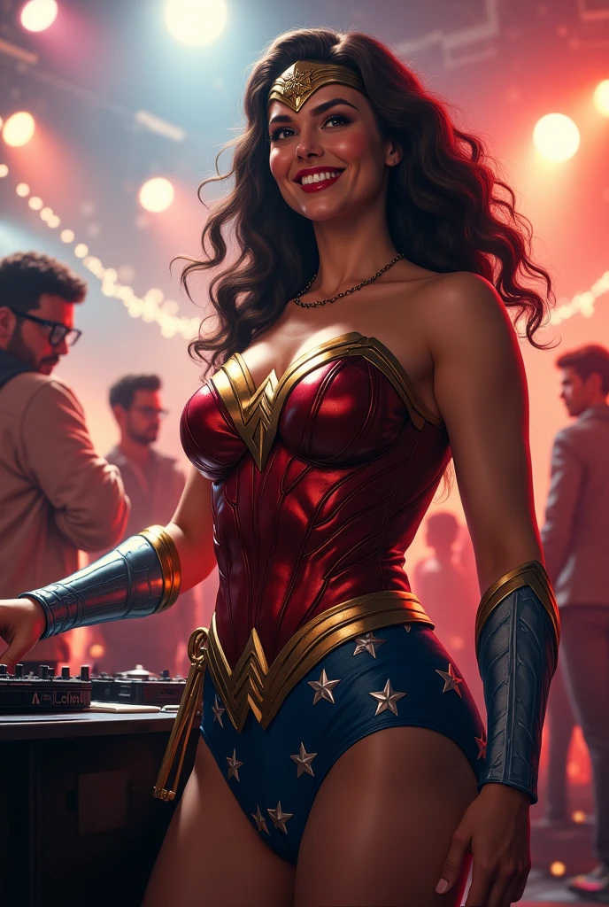 Wonder woman, big breasts, Realistic, perfect body, full body, Busty, touching the Dj, happy