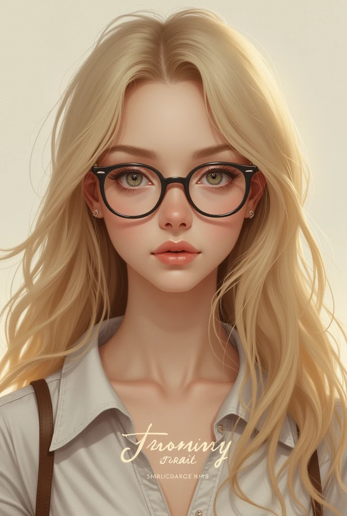 Short blonde woman with glasses, very long hair and a text where her name appears called Francis G