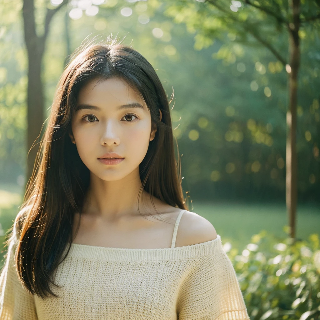 A hyper-realistic image of a single Japanese woman in her early 20s, captured with the nostalgic warmth and subtle graininess of a film camera, focusing on her upper body from the shoulders up. Her skin has a warm beige tone with a natural, slightly rough texture that includes visible pores, fine lines, and subtle imperfections such as small blemishes, adding to the authenticity of her appearance. The soft, diffused natural light enhances the film-like quality, casting gentle shadows across her face and shoulders to create a timeless, organic feel. Her straight, glossy black hair frames her face in a natural, slightly tousled manner, and her deep brown eyes reflect the ambient light, adding depth and emotion. The film camera effect introduces a slight grain and a softer focus, giving the image a warm, nostalgic atmosphere while maintaining the realistic texture of her skin. She is dressed in a simple, elegant top that complements her natural beauty, with the overall composition designed to evoke a sense of genuine, understated elegance. The use of natural light, combined with the deliberately rougher texture of her skin and the film-like qualities, ensures that this image captures the imperfections that make her beauty truly lifelike, focusing solely on this one individual from the shoulders up.