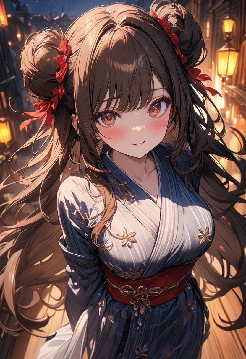 (masterpiece), best quality, very aesthetic, newest, absurdres, detailed, high quality
BREAK
highest quality, top quality, details, highres, ultra fine painting, digital art, official art, splash art, cinematic, 4k, 8k resolution, 8K CG wallpaper, original artwork, detailed background, High Dynamic Range, lens flare, blurry background, Starburst effects, crepuscular rays, good ISO, high resolution, wide shot, from far away, POV, sharp focus, light reflection, reflections, intricate details, soft light, particle noise, professional photography, bokeh, depth of field, studio lighting, vibrant colors, detailed lights and shadows, stylish, ultra-detailed, top rated on Pixiv, trending on Artstation, niji style, master crafted, pose
BREAK
solo, from above, 1girl, pale skin, correct fingers, detailed hand, (big toned breasts:1.2), big thighs, small torso, short body, flushtered, blush, anxious expression, embarassed, embarassed act, casual, slim, ((cute, childlike face):1.3), nice body, nice hips, brown hair, (very long flowing hair, 2 buns hairstyle), long bangs, long hair, middle hair bangs, brown eyes
BREAK
(fashionable (yukata), proper practice, modest)
BREAK
(night streets, night sky, night time festival setting)