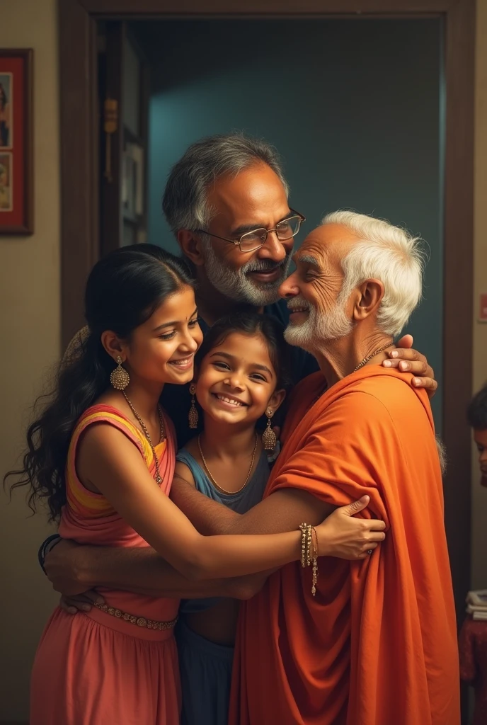 An Indian man hugging his father mother and his 2 sisters