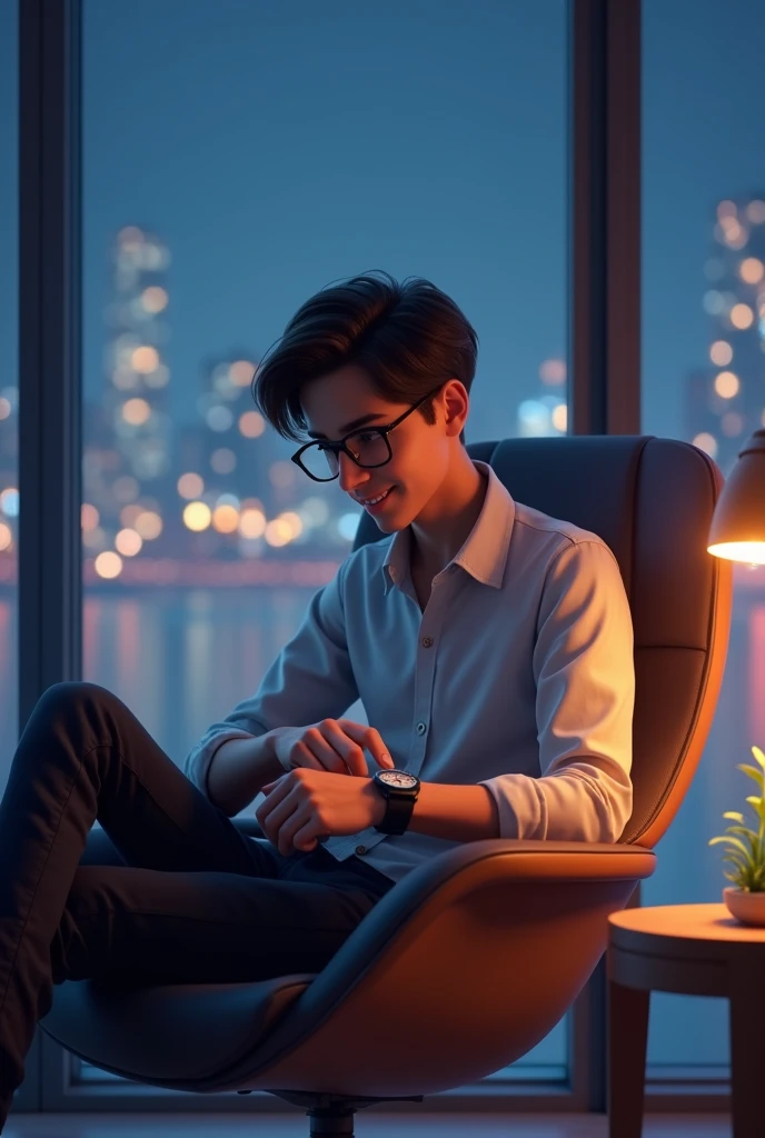 A cute handsome boy sitting on design chair wearing spectacles looking at watch with background night view of windows