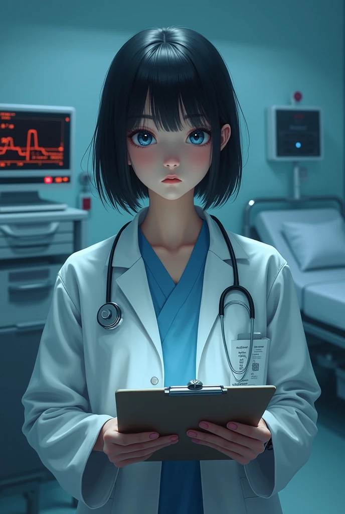 (best quality, photorealistic, ultra detailed) A american girl in a hospital room with a clipboard in her hand, she has short black hair, blue eyes, she is wearing a white coat, the room has a stretcher and a heartbeat machine and some drawers, (no deformed fingers) low lighting 