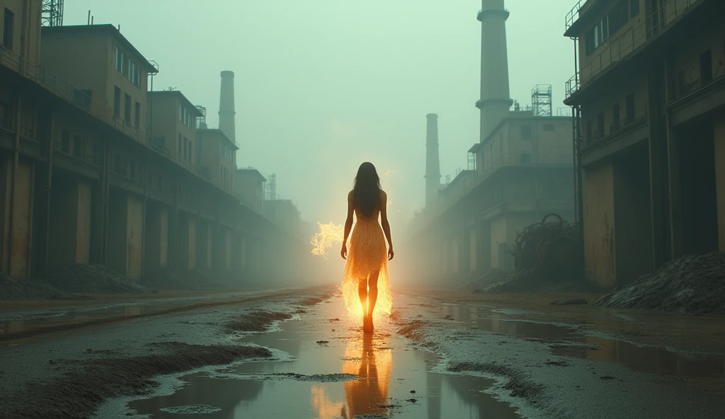 (masterpiece, best quality:1.2), (solitary woman walking:1.3), (abandoned industrial landscape:1.3), (decaying factories, rusted machinery:1.2), (muted gray tones:1.3), (soft ethereal glow:1.4), (woman emitting warm golden light:1.3), (light pulsing subtly:1.2), (stark contrast between woman and surroundings:1.3), (wide-angle shot, emphasizing vast empty space:1.3), (8K, ultra-detailed, hyper-detailed, RAW photo quality, Unreal Engine rendering:1.3)