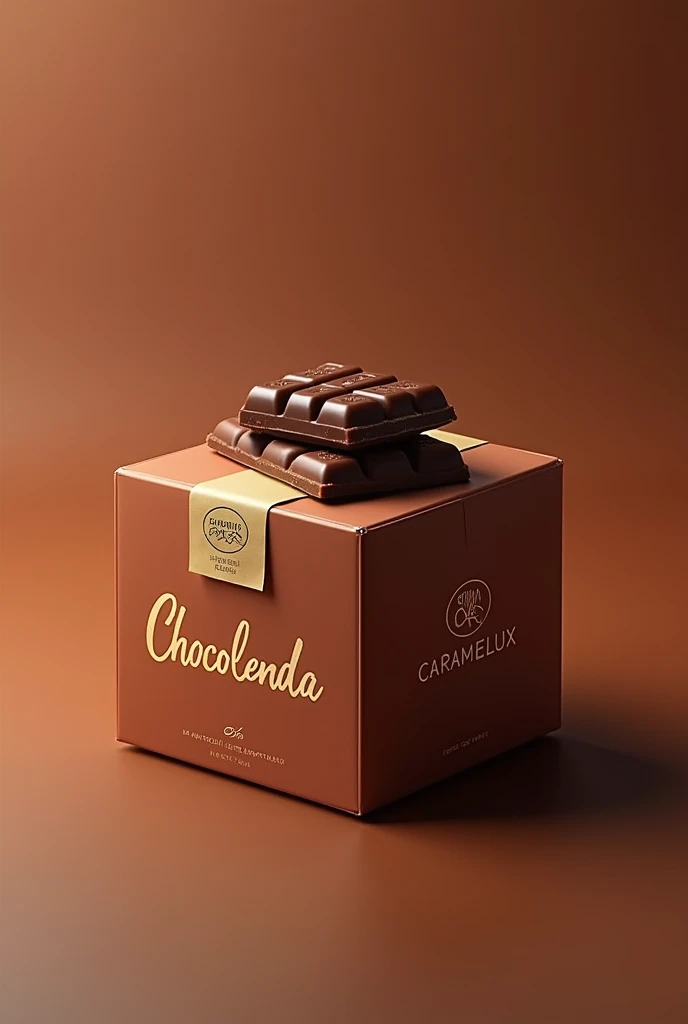 Create a packaging for my caramellux chocolate, an attractive packaging with the logo printed on it, a square with a chocolate bar on top with the word chocolenda written on it.