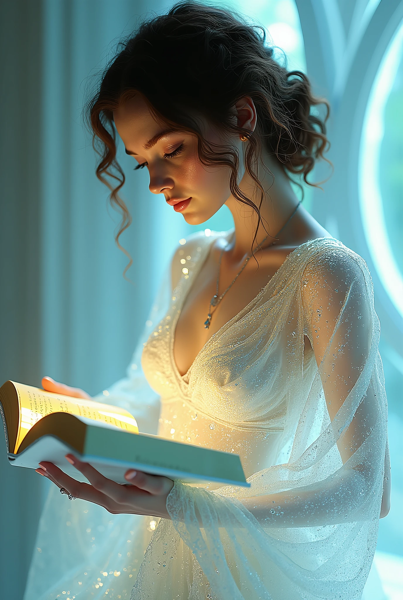 Crystal glass Bible's reading real girl entity, curly brunnete, all crystal glass clothes, body and face, crystal glass skin, blue and yellow shades only artwork, photorealistic