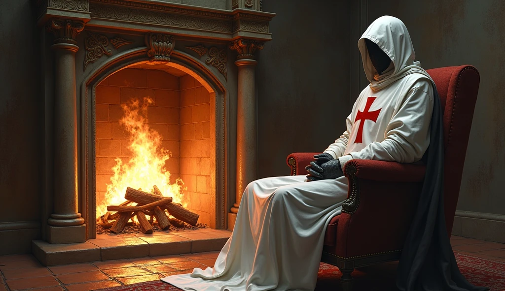 a Templar knight with a white cloak, a white hood leaving his face dark and a red cross on his chest, with a somber appearance, sitting facing forward, resting on the fireplace inside a luxurious castle, high quality, art, incredible lighting, illustration, luminous light:1.1 , perfect shading, full body

