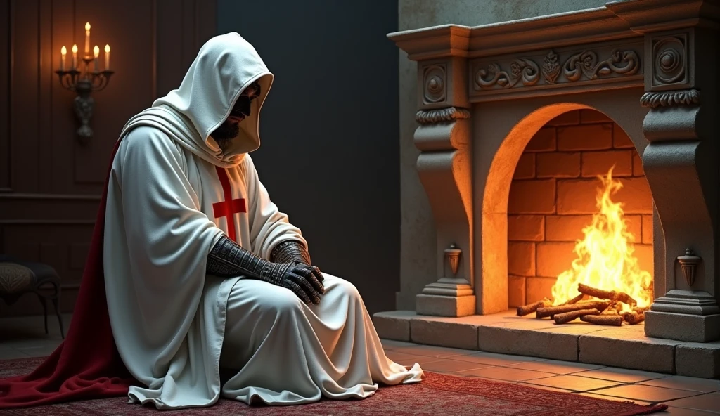 a Templar knight with a white cloak, a white hood leaving his face dark and a red cross on his chest, with a somber appearance, sitting facing forward, resting on the fireplace inside a luxurious castle, high quality, art, incredible lighting, illustration, luminous light:1.1 , perfect shading, full body

