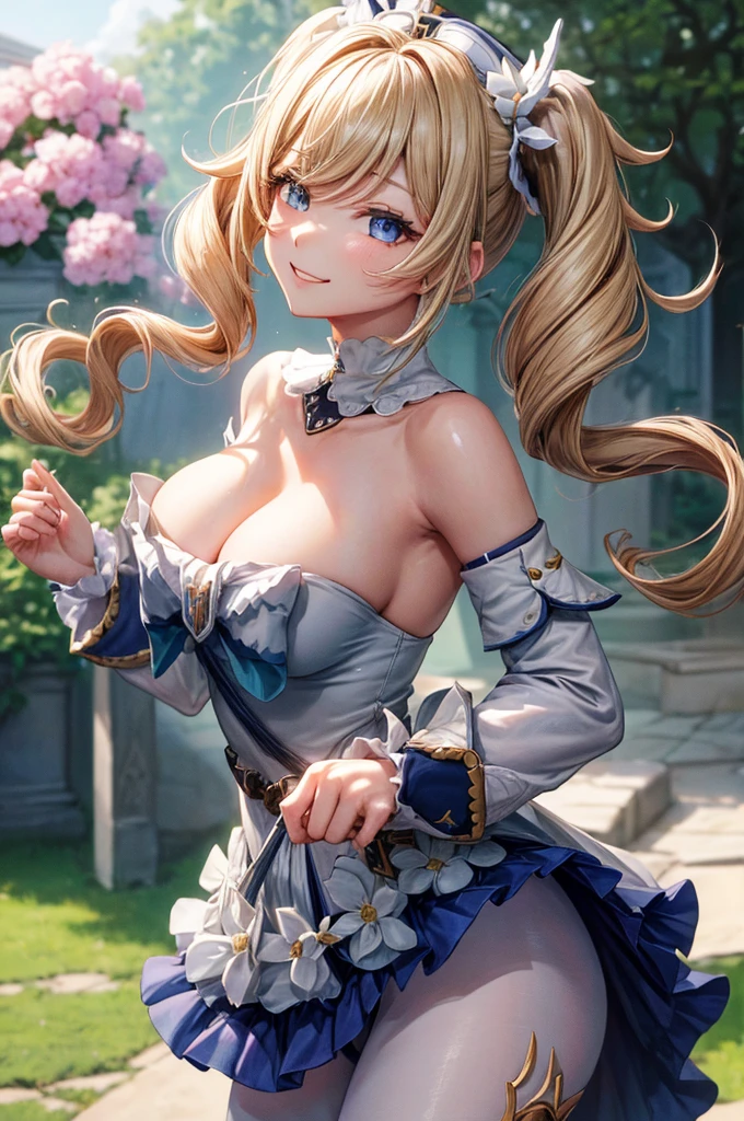 ((Barbara_Genshin Impact)):1.5,((masterpiece:1.5, Highest quality, Highly detailed images, Beautiful images)). (Barbara images, Hanging Garden、Bright natural light throughout、Backlight、A fantastic atmosphere、Dust flutters、background:ruins), (Barbaraの全身像、from side)、(Beautiful Eyes:1.68、Mid-chest、Great cleavage), (smile、Wink、Close one eye、Lift one leg)