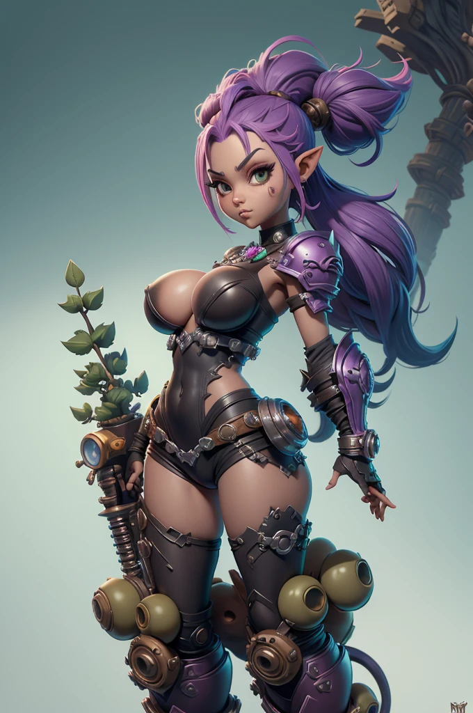 Rayman Legends style tree, character estilo art rayman legends, girl, fully body, STYLE mercenary with futuristic doom style weapons, Giant Accessories,Giant Monster, big breats,Little bunny,big breast, sensuality, elfo, mascot next door,doom style weapons,((doom armor)),((super sensual))