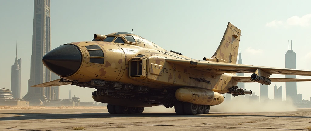(photorealism:1.2), futuristic sci-fi military transport aircraft, advanced tech, heavy armored, heavy machine gun, light brown cammo painting,