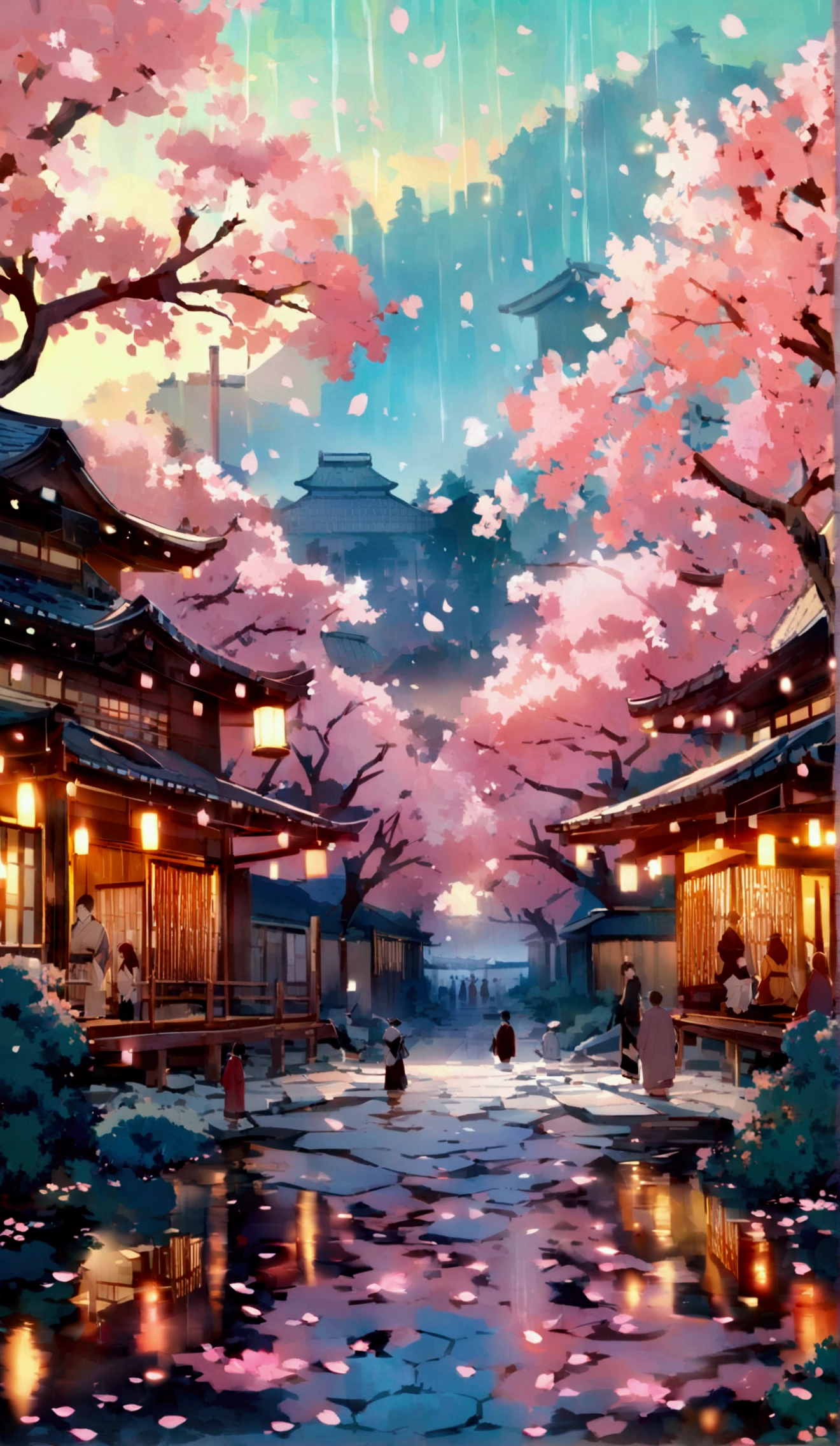 Create an anime style of a serene, twilight scene of a traditional Japanese village. The architecture is characterized by wooden buildings with sliding doors and gently sloped roofs. The path leading to a central building is lined with stone lanterns, casting a warm glow on the surroundings. Above, cherry blossom trees are in full bloom, their pink petals delicately falling and covering parts of the ground and a reflective water surface. The sky, visible through the branches, is tinged with the soft hues of dusk, enhancing the tranquil atmosphere. In the central building, a group of people is gathered, suggesting a communal or ceremonial gathering, bathed in the soft light emanating from inside.