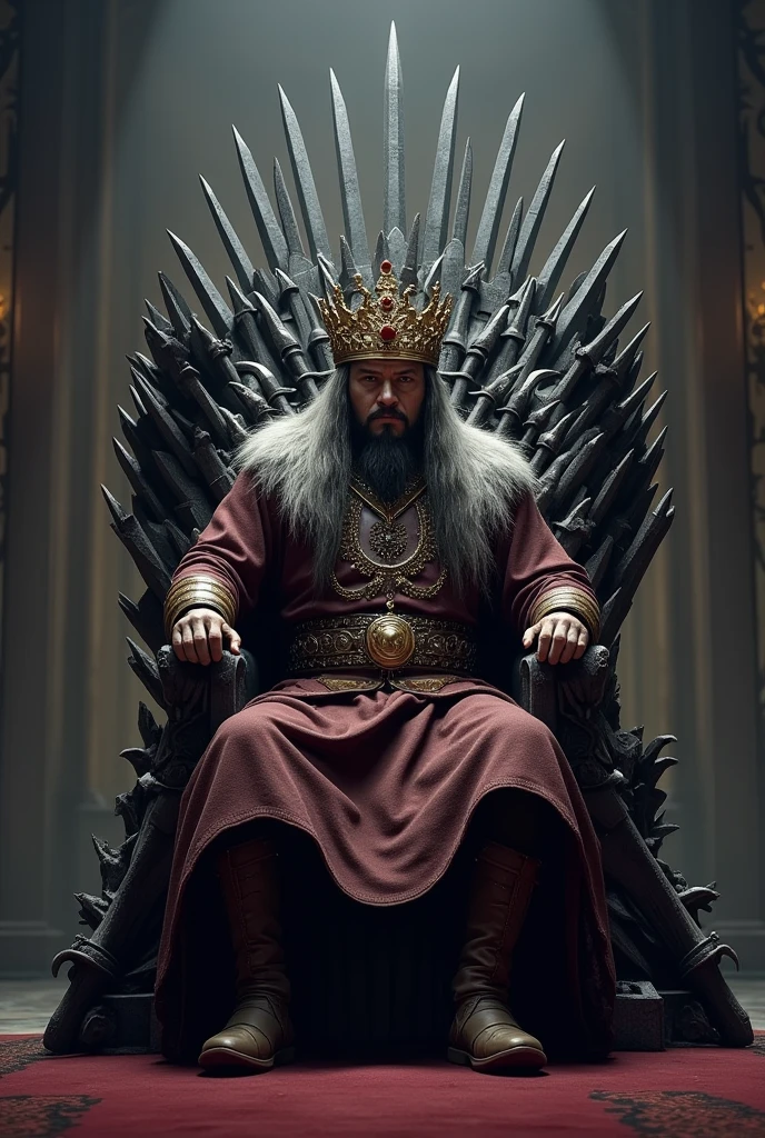 I need a picture of Genghis Khan with the royal crown sitting on the throne from Game of Thrones.