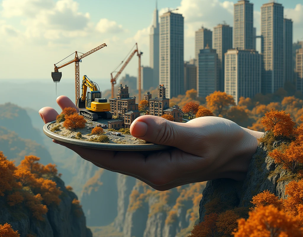 a gigantic hand holding a teetering bar tray, in fall , miniature skyscrapers, excavators and cranes on the tray, surreal, comical, hyperrealistic, cinematic lighting, highly detailed, photorealistic, 8k, award winning digital art